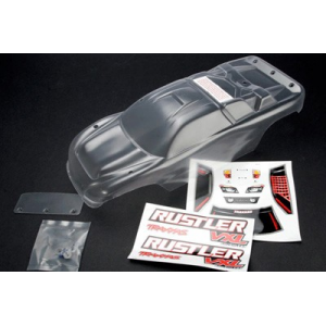 Body, Rustler (clear, requires painting)/window, lights decal sheet/ wing and aluminum hardware Traxxas